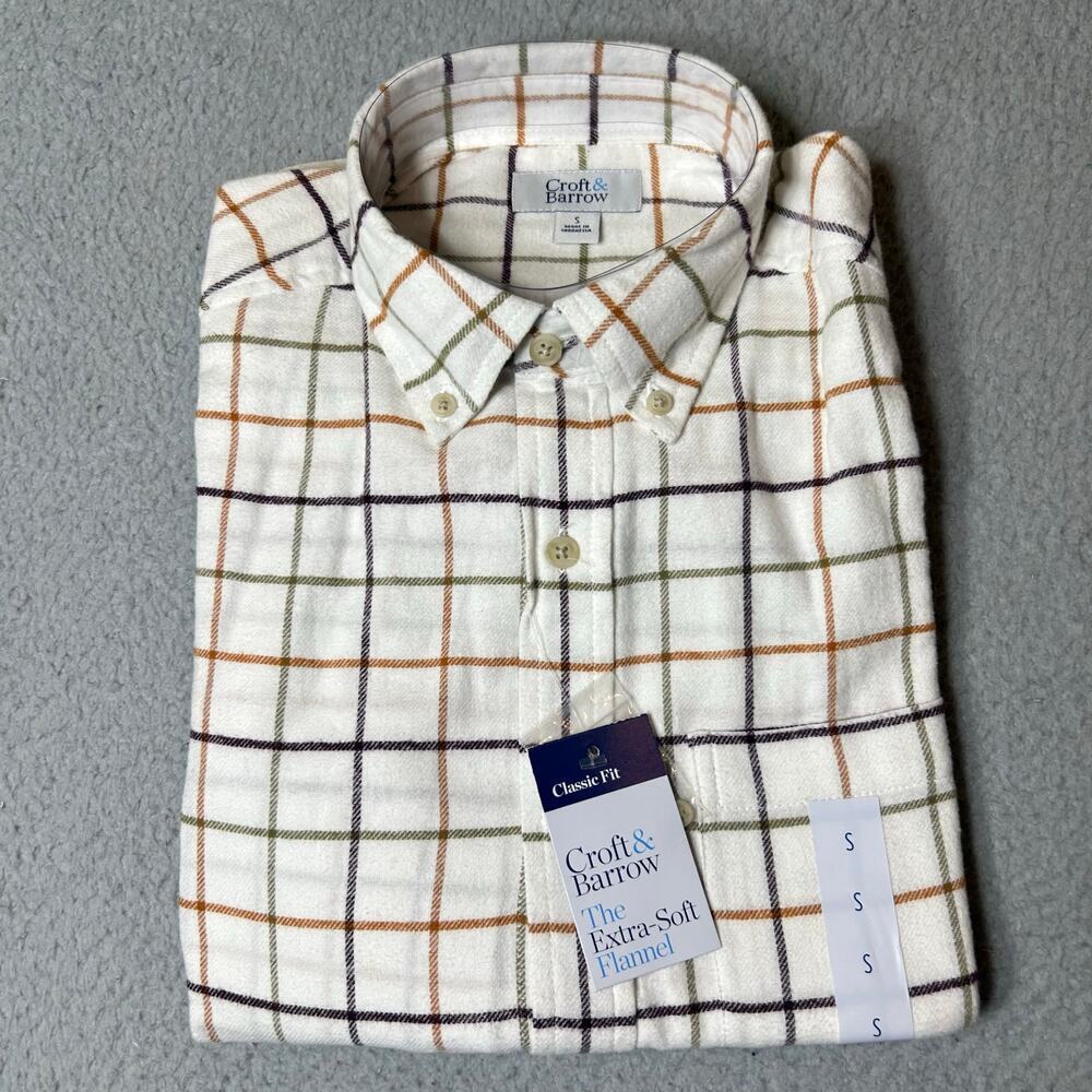Croft & Barrow Shirt Mens S Cream Button Down Classic Fit Extra Soft Flannel NEW